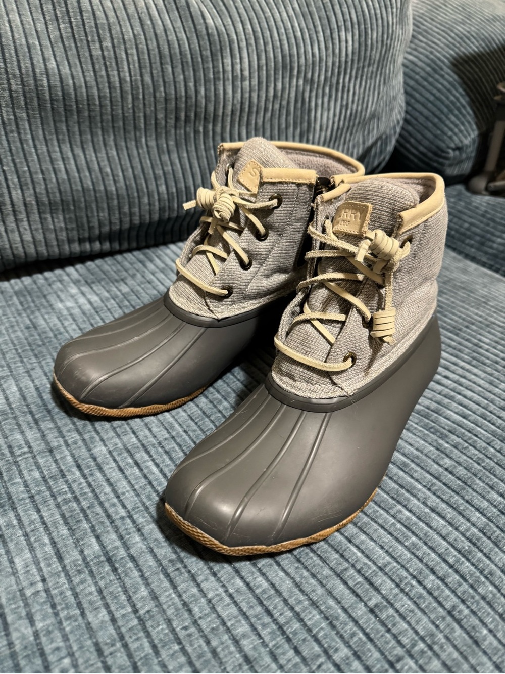 Sperry Gray and Tan Duck-Style Lace-Up Rain Boots